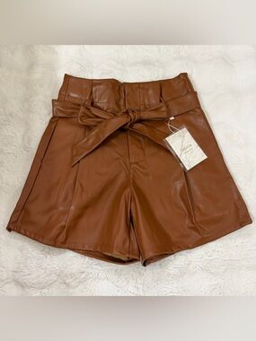High-Waist Faux Leather Paperbag Shorts with Tie - Brown